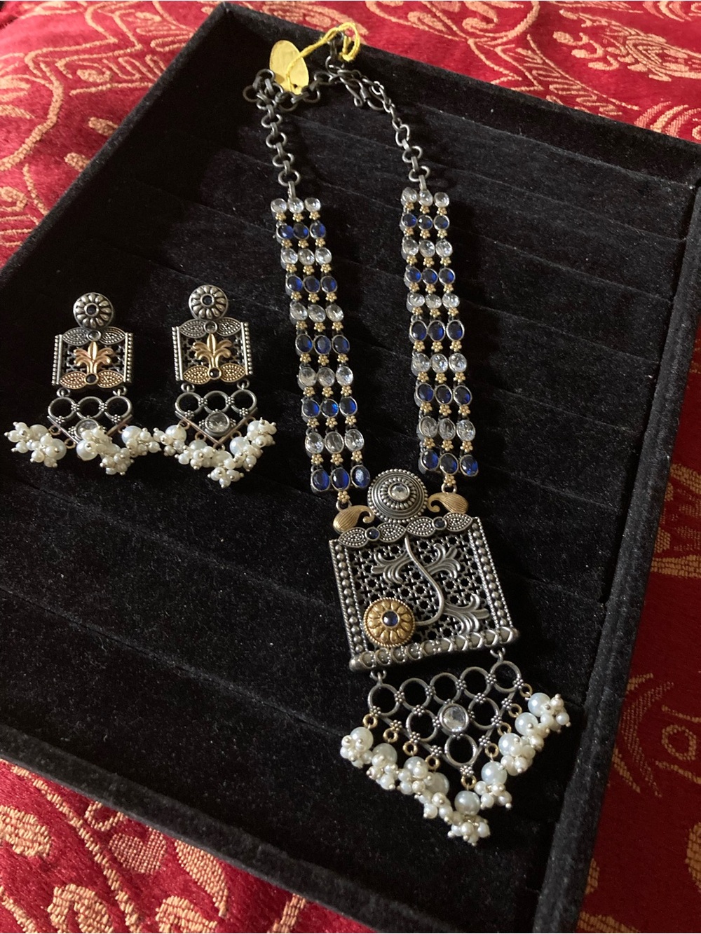Handcrafted Silver-Tone Blue & White Pendant Necklace with Matching Earrings